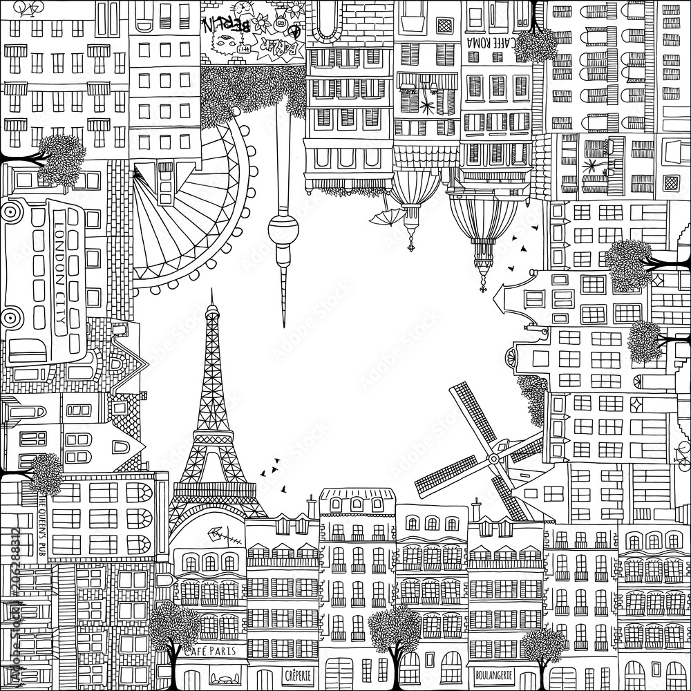 Fototapeta premium Greeting card frame with hand drawn houses of Paris, Amsterdam, Rome, Berlin and London