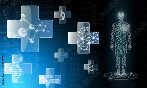 abstract background technology concept in blue light,brain and human body heal ,technology modern medical science in future and global international medical with tests analysis clone DNA human