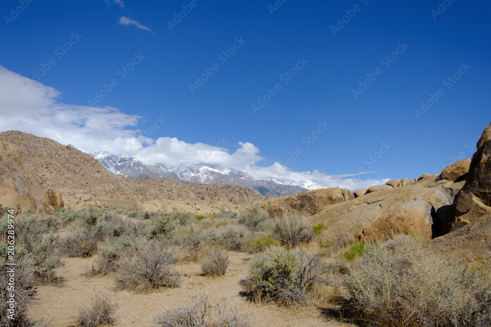 The Rugged and carved granite boulders of Alabama Hills desert in the Eastern Sierra Mountains and Mt Whitney Eastern California