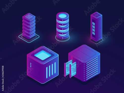 Set of server room icons, data center and database, futuristic data prcessing, cloud storage