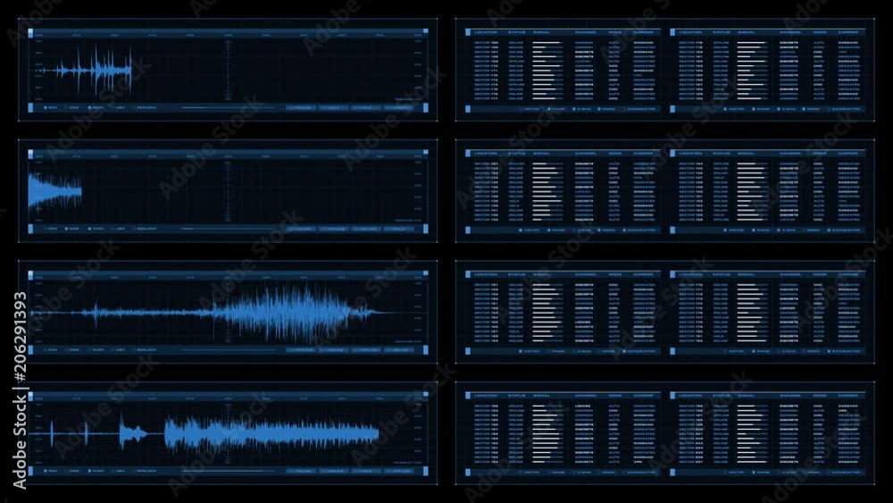 Monochromatic, multi-panel visual display: animated graphs, readouts, indicators. Reversible seamless loop. Monochromatic, multi-panel visual display: animated graphs, readouts, indicators. Reversible seamless loop.
