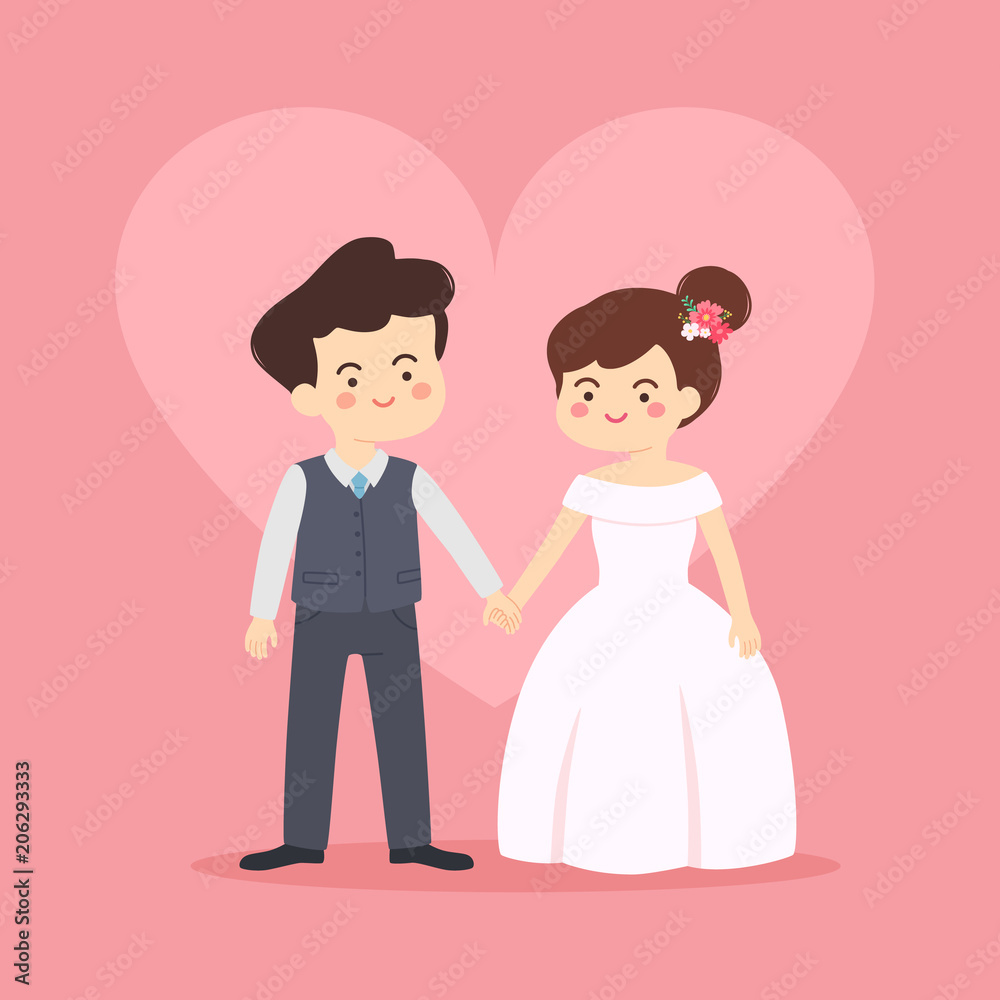 Bride and groom holding their hand isolated on pink theme background wedding invitation vector. Bride and groom holding their hand isolated on pink theme background wedding invitation vector.