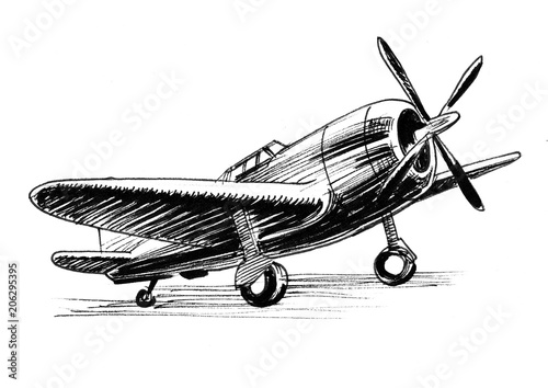 Canvas Print Vintage military plane. Ink black and white illustration