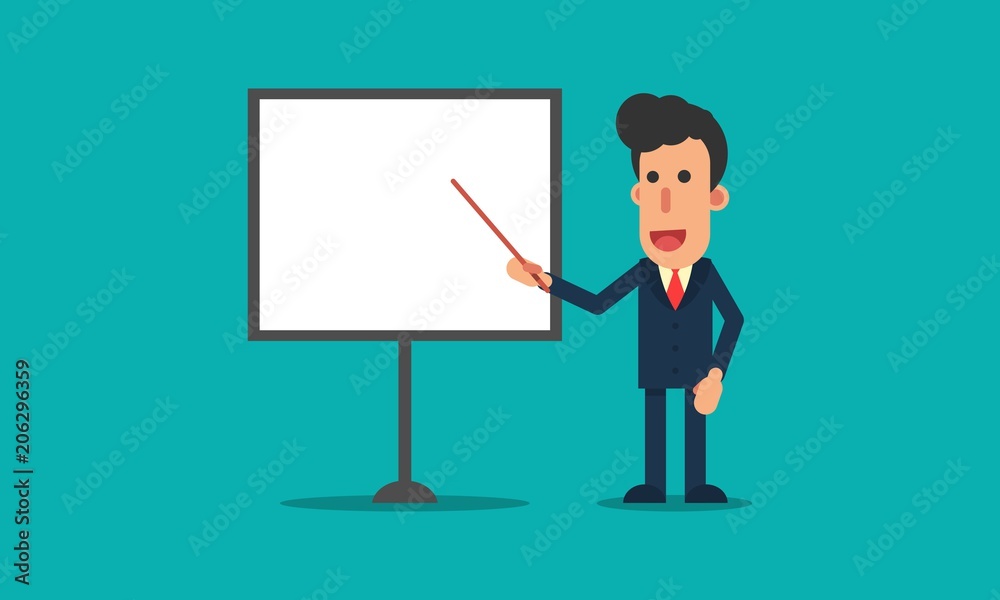 Businessman speak explain front of blank empty white board Businessman speak explain front of blank empty white board