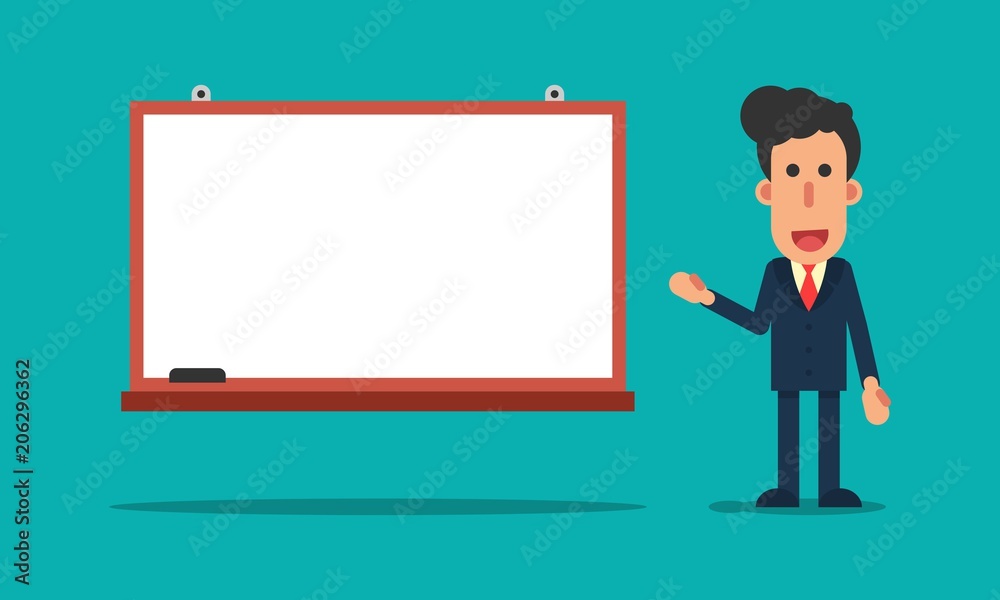 Businessman speak front of blank empty white board Businessman speak front of blank empty white board