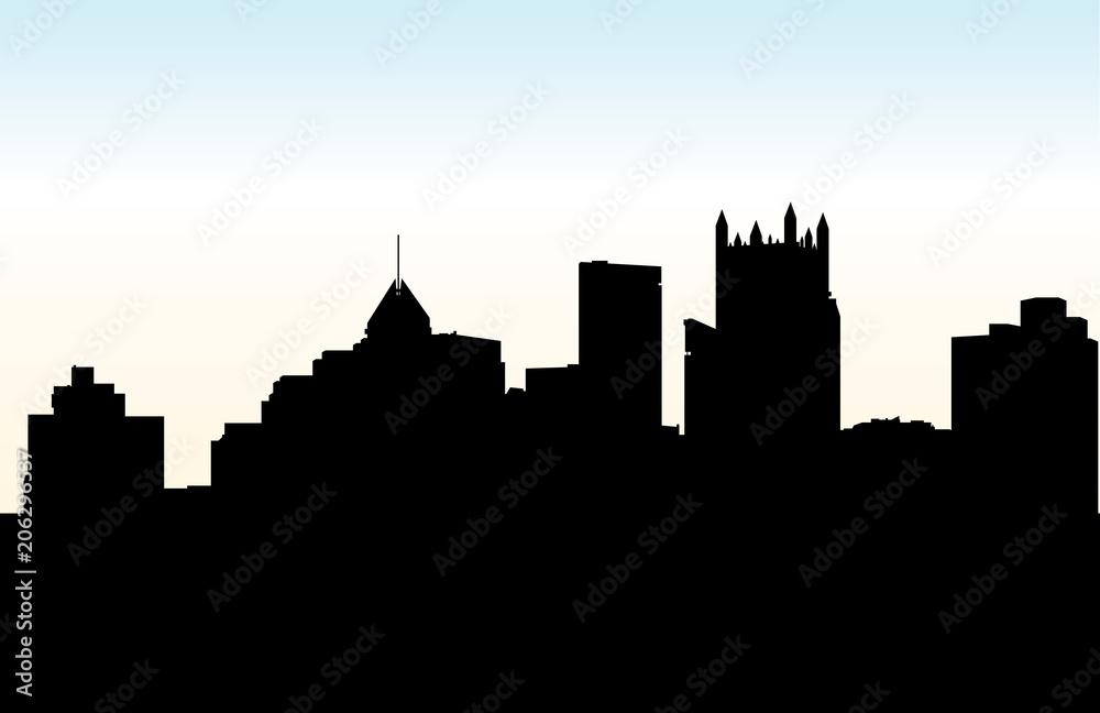 Skyline silhouette of the downtown of the city of Pittsburgh, Pennsylvania, USA.