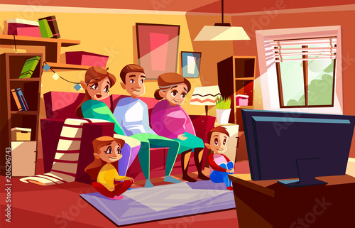 Family together watching TV vector illustration of parents and children sitting on sofa or chair in living room. Cartoon mother, father and grandmother with boy and girls kids in flat watch television