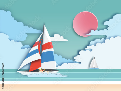  Woman with sailboat floating on seascape. paper art style.summer season