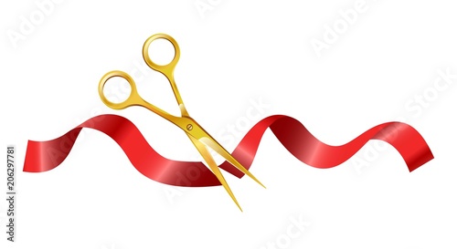 Gold scissors that cut ceremonial red silk ribbon