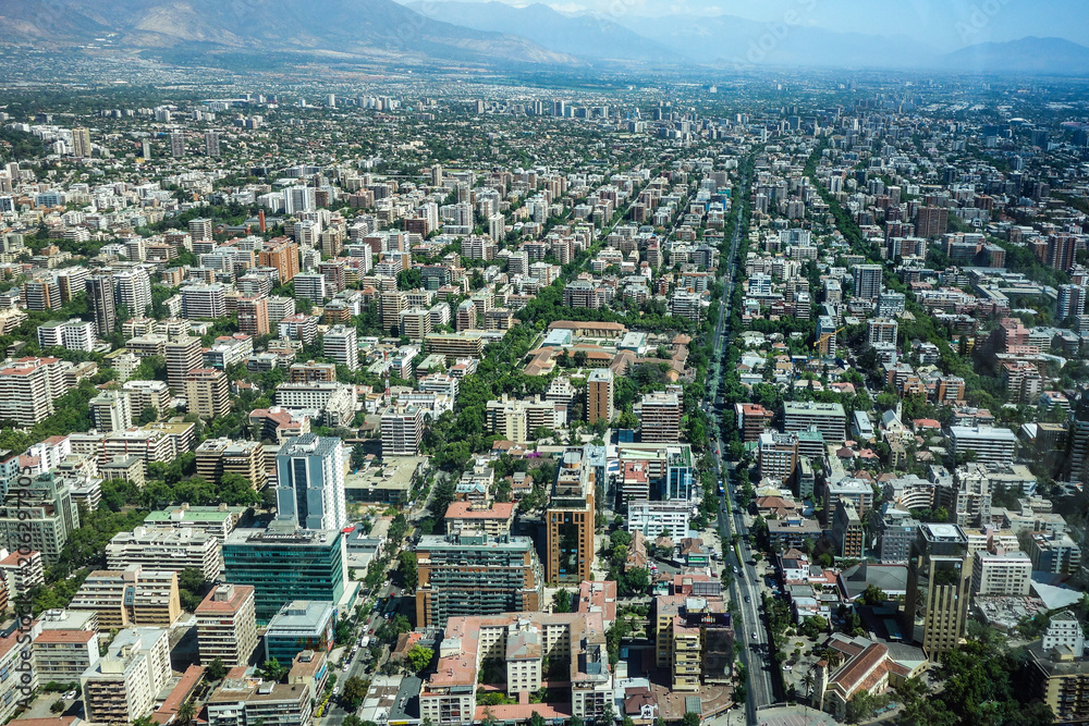 Views across the city of Santiago from the observations deck of the Gran Torre Santiago / Costanera Center.