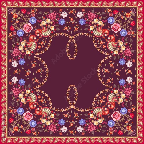 Floral ethnic shawl in russian style. Peacocks, roses, tulips, paisley border and little flowers on dark purple background. Vector summer design.