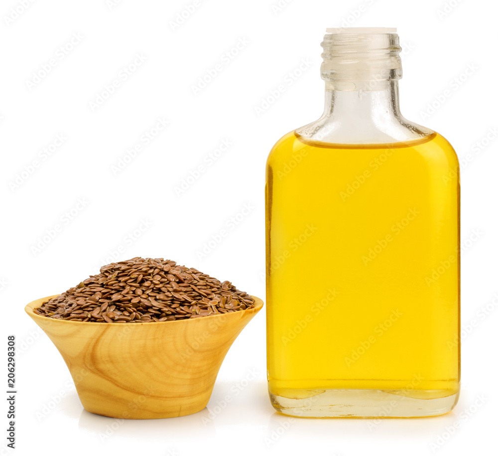 linseed oil with flax seeds isolated on white background linseed oil with flax seeds isolated on white background