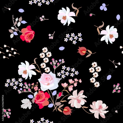 Seamless natural pattern with cute garden flowers on black background. Ditsy floral backdrop in vector. Red and pink roses, white cherry and cosmos flowers, branches of spirea and viburnum leaves.