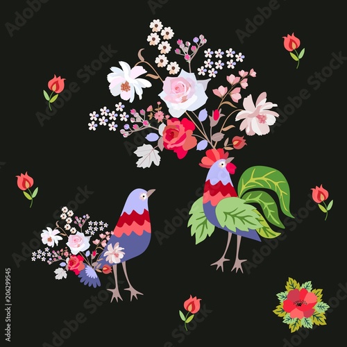 Wedding invitation, pillowcase or endless print for fabric with romantic couple of fantasy birds with bouquets of garden flowers islated on black background in vector. Valentine's day.