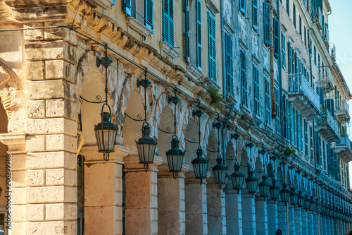 CORFU, GREECE. The historic center of Corfu town, Liston, Greece. Old lamps, lantern and stone arches.architecture details.Selective focus photo