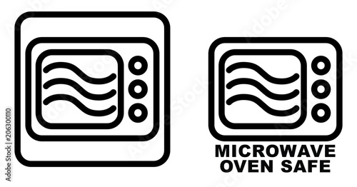 Microwave safe container icon. Simple black lines oven drawing with three wave curves inside. Graphic symbol only and also version with text.