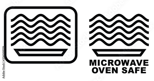 Microwave oven safe item symbol. Simple black lines plate drawing with waves above. Graphic symbol only and also version with text.