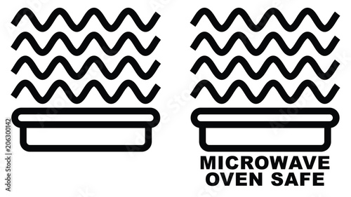 Microwave safe container icon. Simple black lines food container drawing with sinus waves above. Graphic symbol only and also version with text.