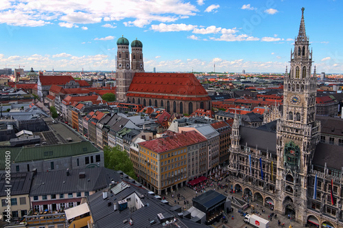 Munich, Germany-APRIL 30, 2018: Famous Marienplatz and New City Hall, Cathedral of Our Dear Lady (Munich Frauenkirche) aerial view in spring day