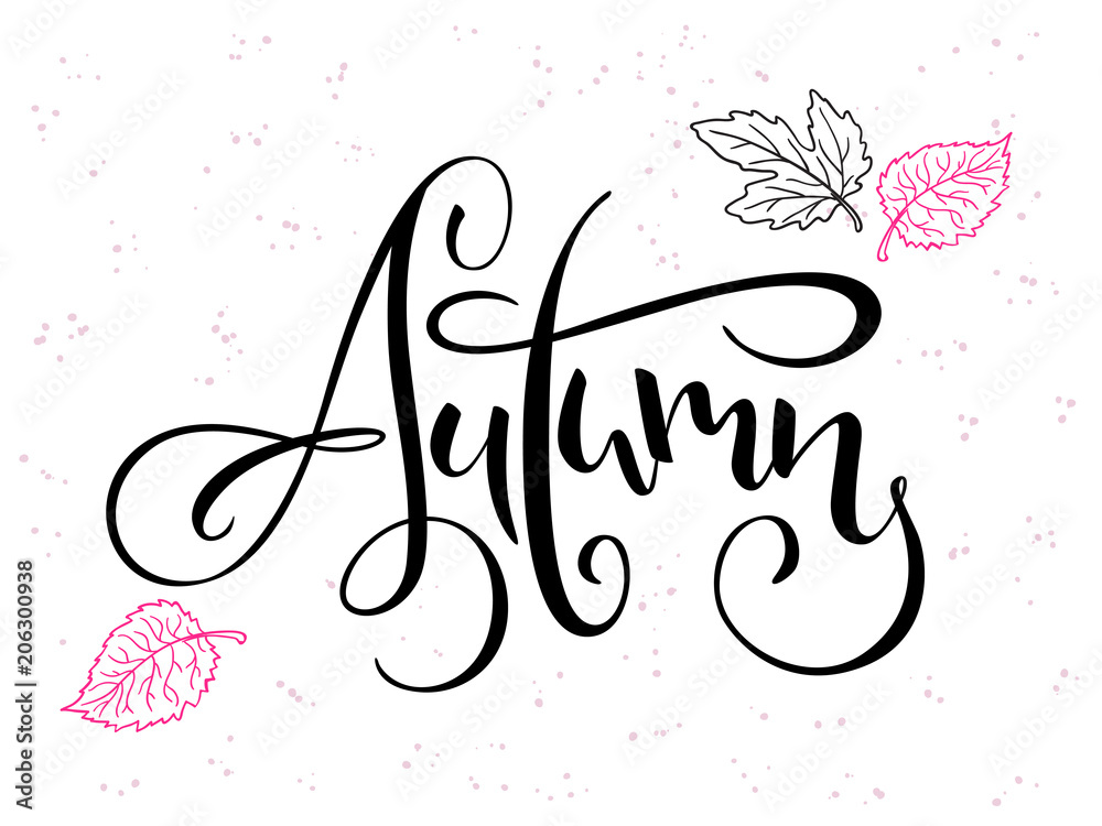 Naklejka premium vector hand lettering text about autumn with doodle leaves and dots