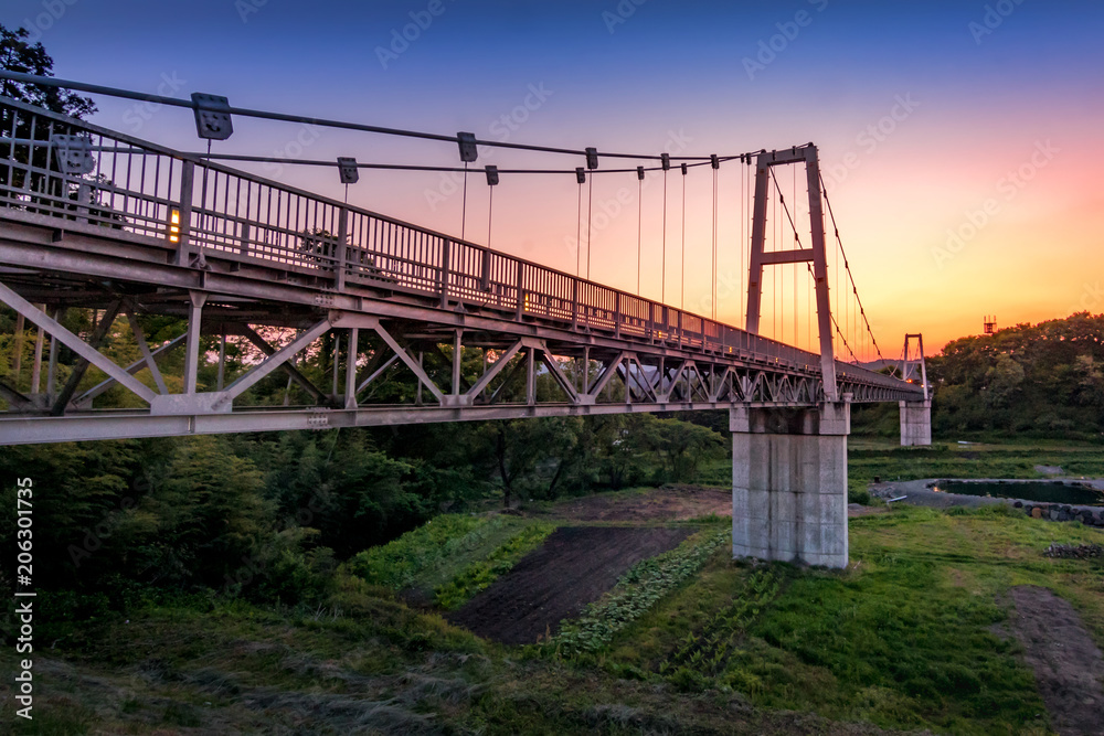 Obraz premium Bridge over rice fields in Kawaba, Japan