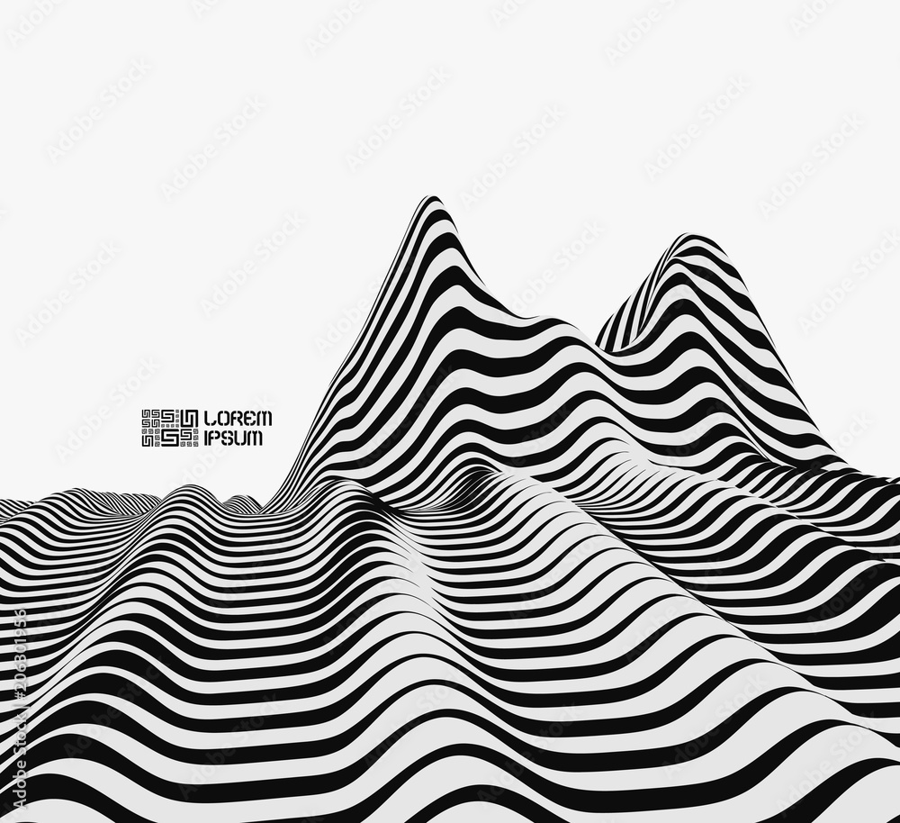 Landscape background. Terrain. Black and white background. Pattern with optical illusion. 3D Vector illustration.