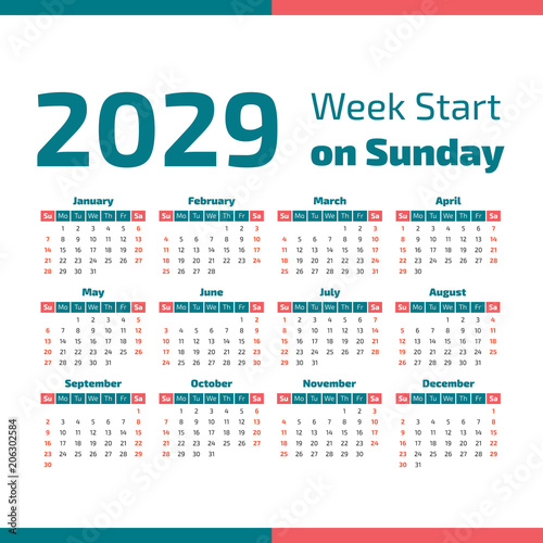 Simple 2029 year calendar