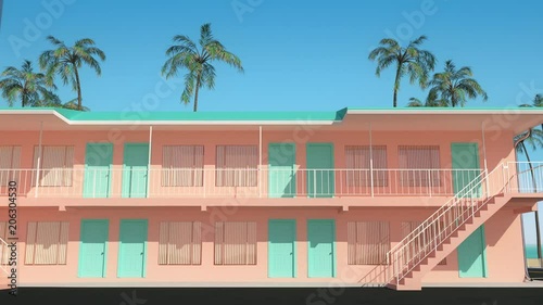 Beautiful tracking shot through the block of classic American two-story pink hotel buildings with turquoise doors, standing next to the beach with ocean view. Seamless looping animation, 3D render.
