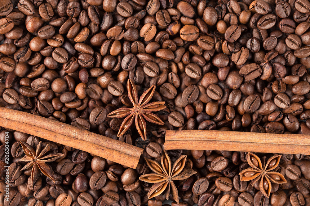 Composition of anise, coffee beans and cinnamon. Composition of anise, coffee beans and cinnamon.