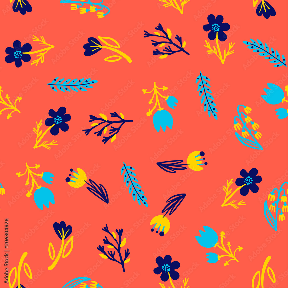 Hand Drawn pattern with summer flowers and herbs vintage floral elements.