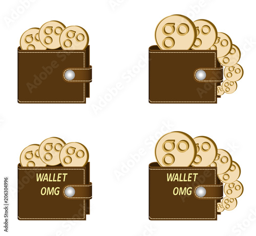 set of brown wallets with omisego coins