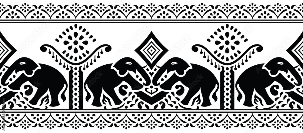 Naklejka premium Bezszwowa tradycyjna indyjska czarno-biała granica słonia