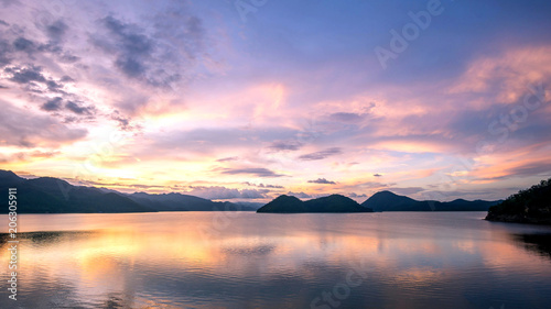 beautiful sunset on the reservoir at Khuean Srinagarindra National Park kanchanaburi povince , landscape Thailand