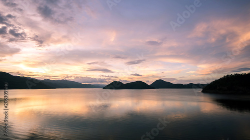 beautiful sunset on the reservoir at Khuean Srinagarindra National Park kanchanaburi povince , landscape Thailand
