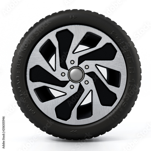 Low profile sport tyre and rim isolated on white background. 3D illustration
