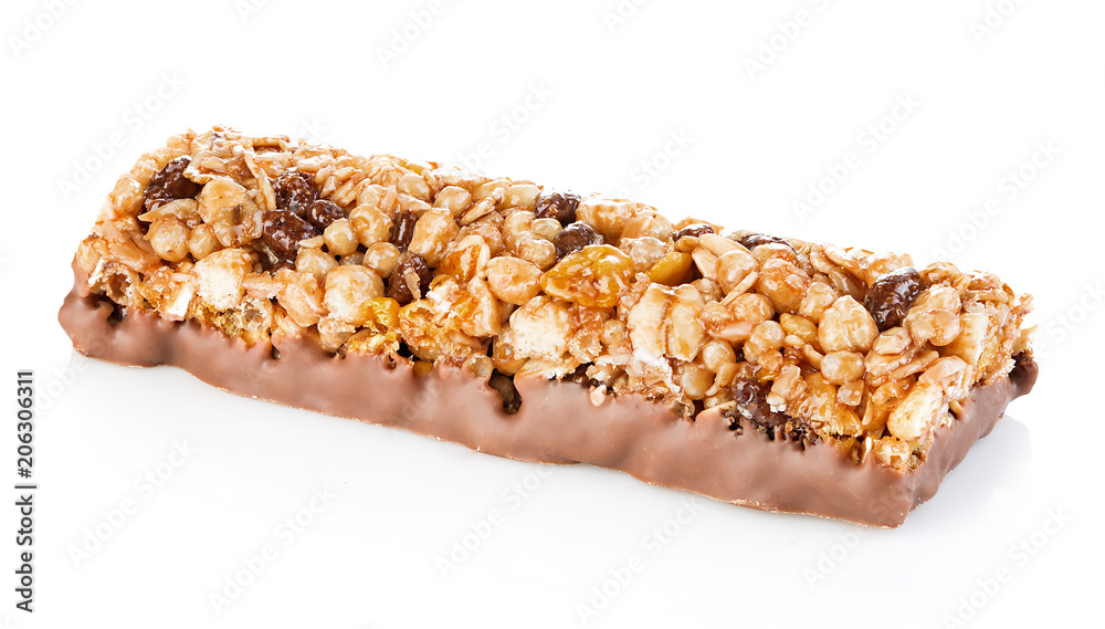 Chocolate cereal bar close-up isolated on a white background. Chocolate cereal bar close-up isolated on a white background.