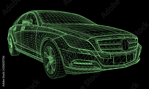 The model sports a premium sedan. Vector illustration in the form of a green polygonal triangular grid on a black background.