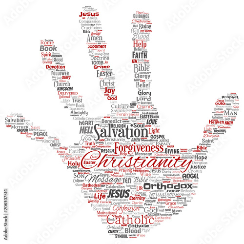 Vector conceptual christianity, jesus, bible, testament hand print stamp  word cloud isolated background. Collage of teachings, salvation resurrection, heaven, confession, forgiveness, love concept