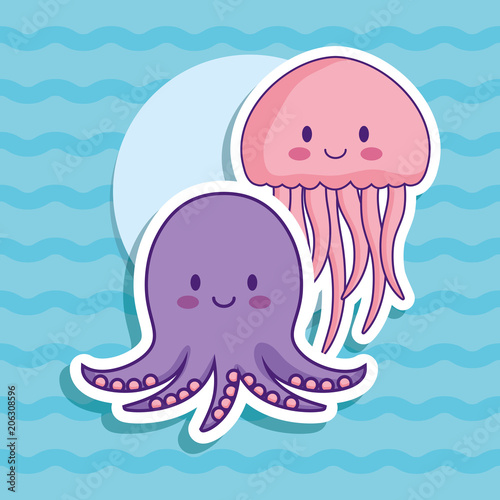 cute octopus and jellyfish over blue background, colorful design. vector illustration