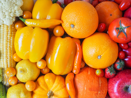 Colorful fresh fruits and vegetables  background, healthy eating concept.