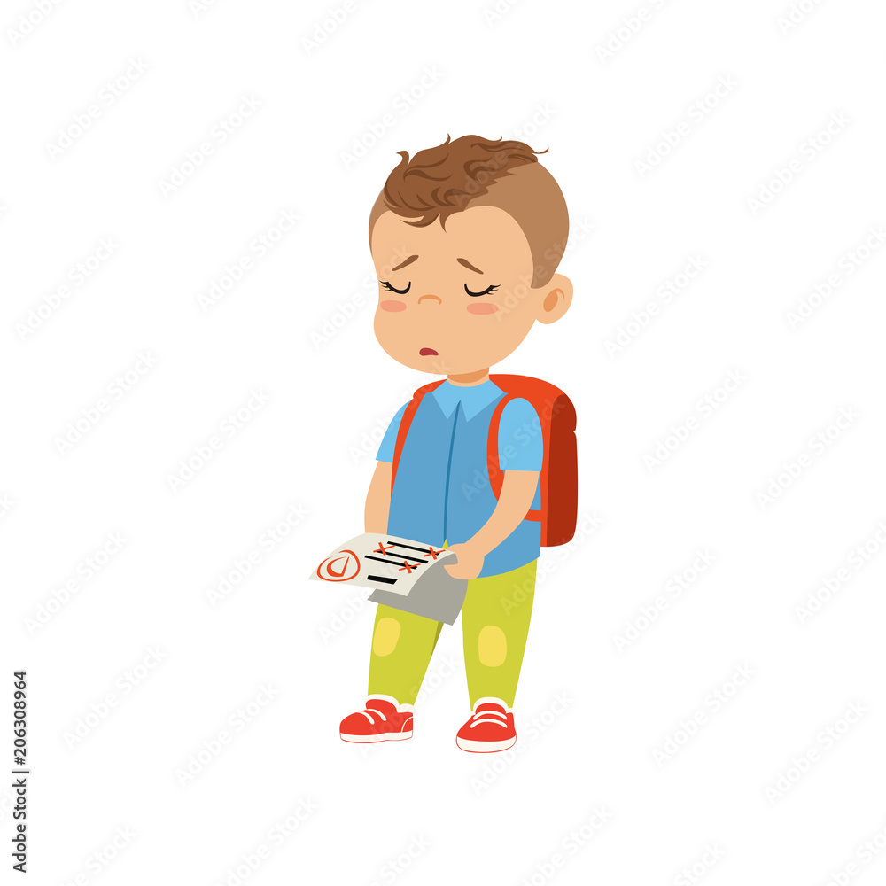 Sad little schoolboy holding test paper with bad mark vector Illustration on a white background Sad little schoolboy holding test paper with bad mark vector Illustration on a white background