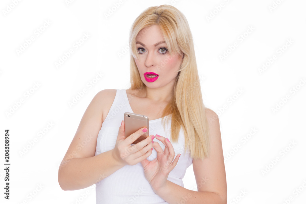 Beauty stylish woman with phone in her hands. White Background. Summer style Beauty stylish woman with phone in her hands. White Background. Summer style