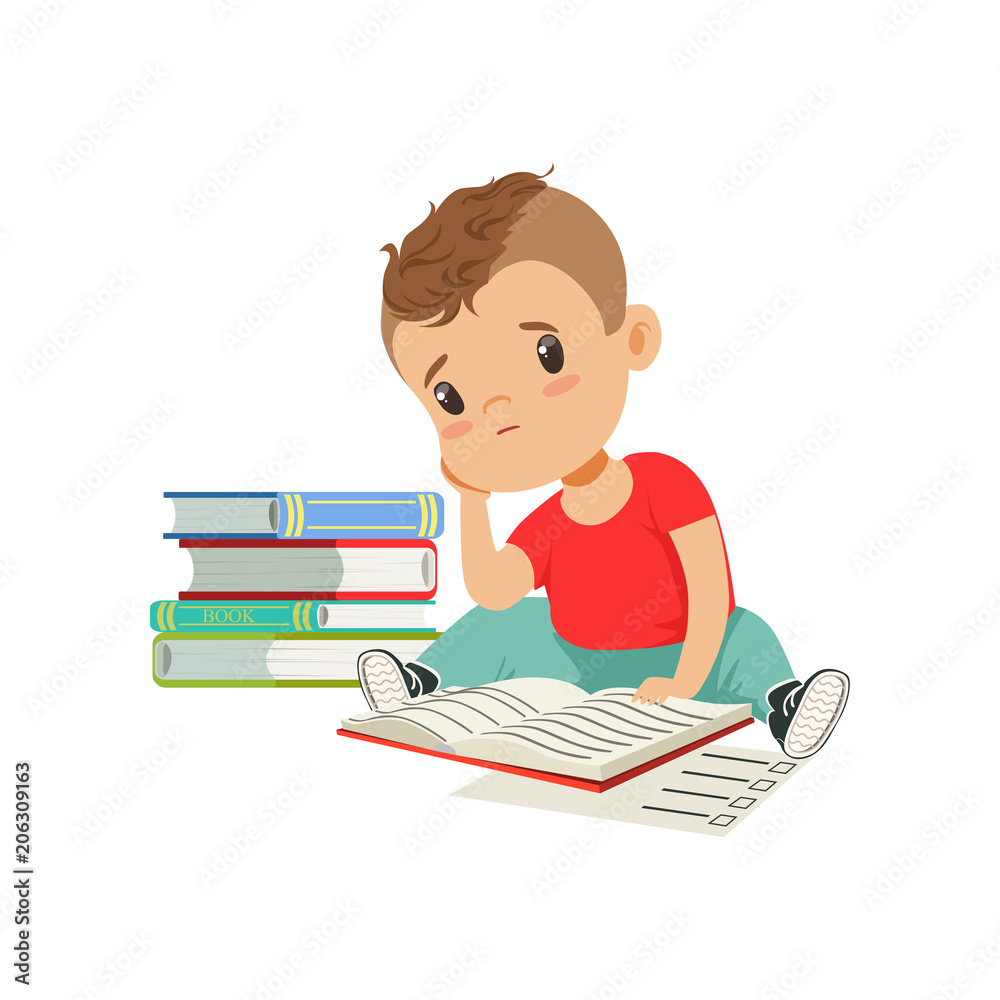 Sad tired boy sitting on the floor with a big pile of books vector Illustration on a white background