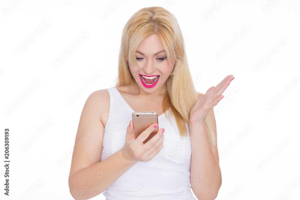 Beauty stylish woman with phone in her hands. White Background. Summer style Beauty stylish woman with phone in her hands. White Background. Summer style
