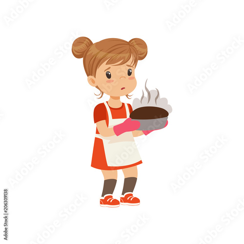 Sad girl holding a burnt freshly baked pie vector Illustration on a white background