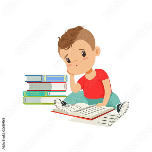 Sad tired boy sitting on the floor with a big pile of books vector Illustration on a white background