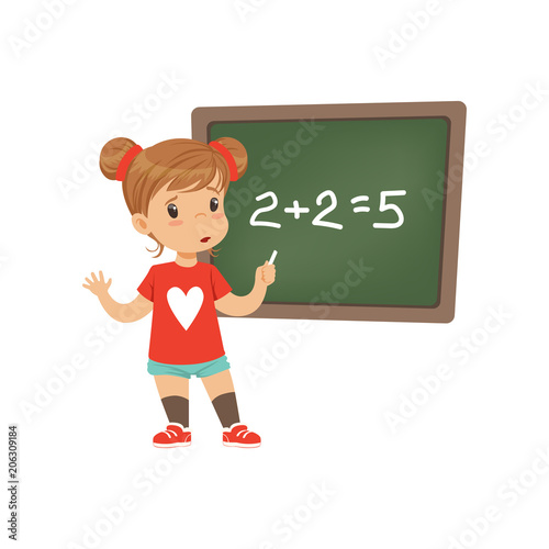 Sad little schoolgirl made a mathematical mistake while standing near the blackboard vector Illustration on a white background