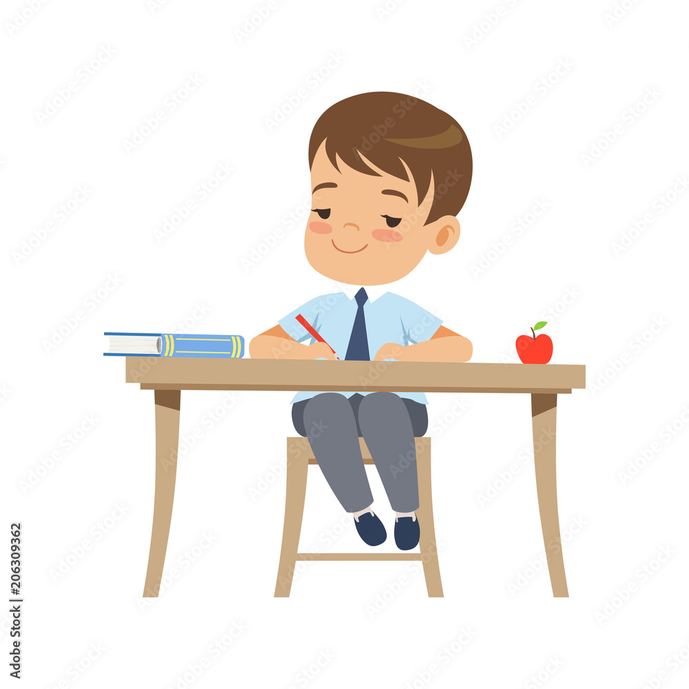 Cute boy sitting at the desk and writing, elementary school student in uniform vector Illustration on a white background Cute boy sitting at the desk and writing, elementary school student in uniform vector Illustration on a white background