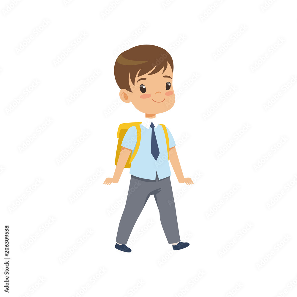 Cute boy walkling with backpack, pupil in school uniform studying at school vector Illustration on a white background