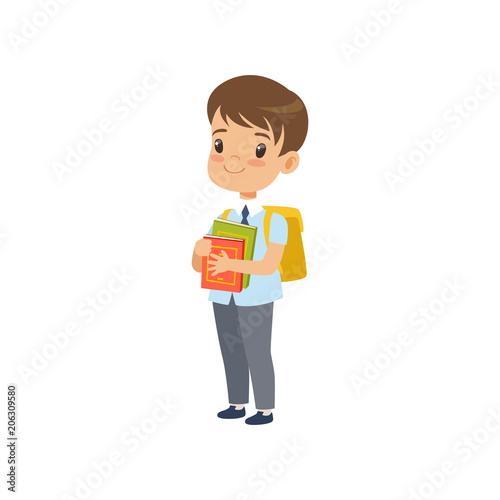 Cute boy with backpack holding books, pupil in school uniform studying at school vector Illustration on a white background